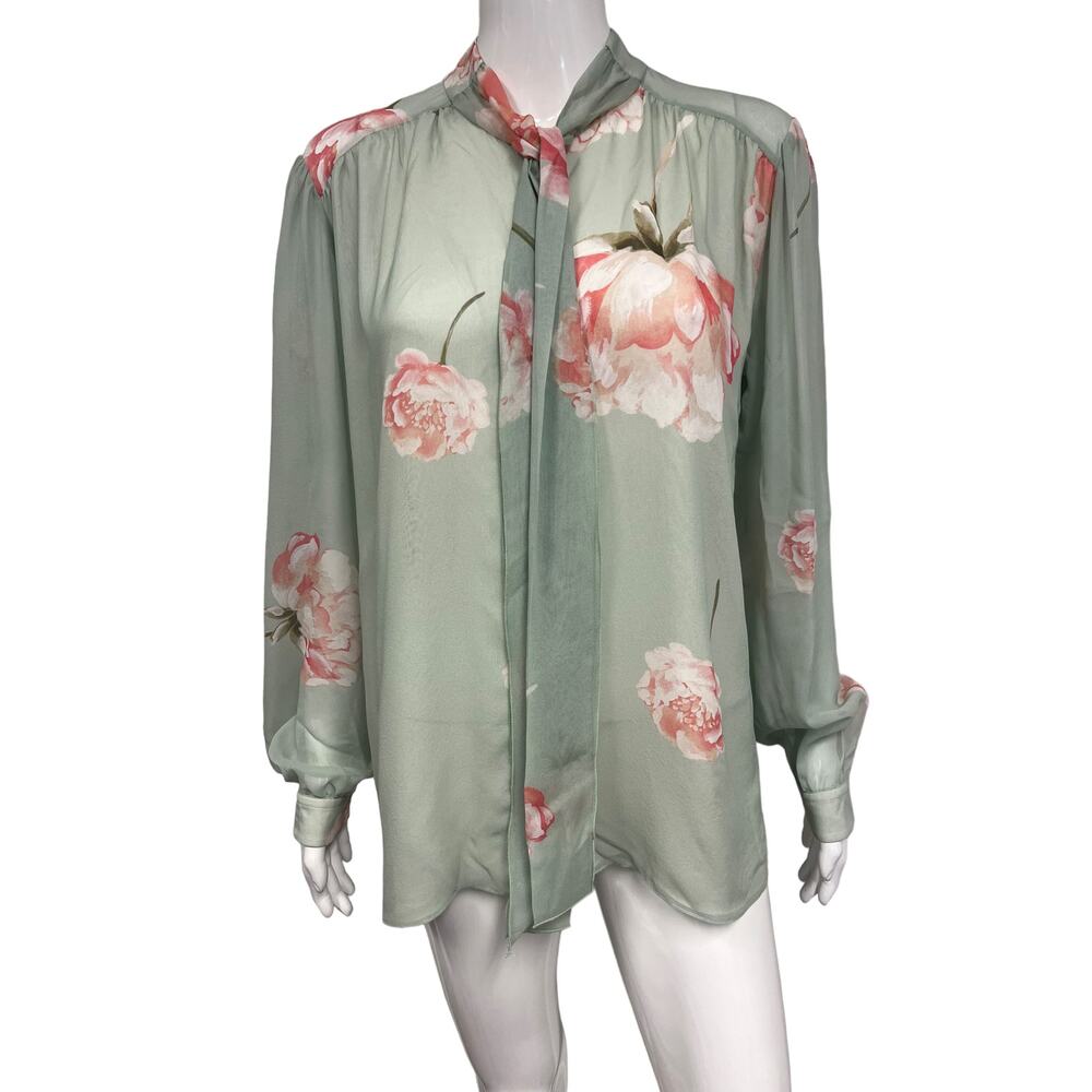 GIAMBATTISTA VALLI Green Silk Rose Accent Neck Tie Bow Long Sleeve Blouse EU 46